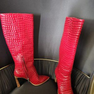 Red embossed allegator skin knee high boots